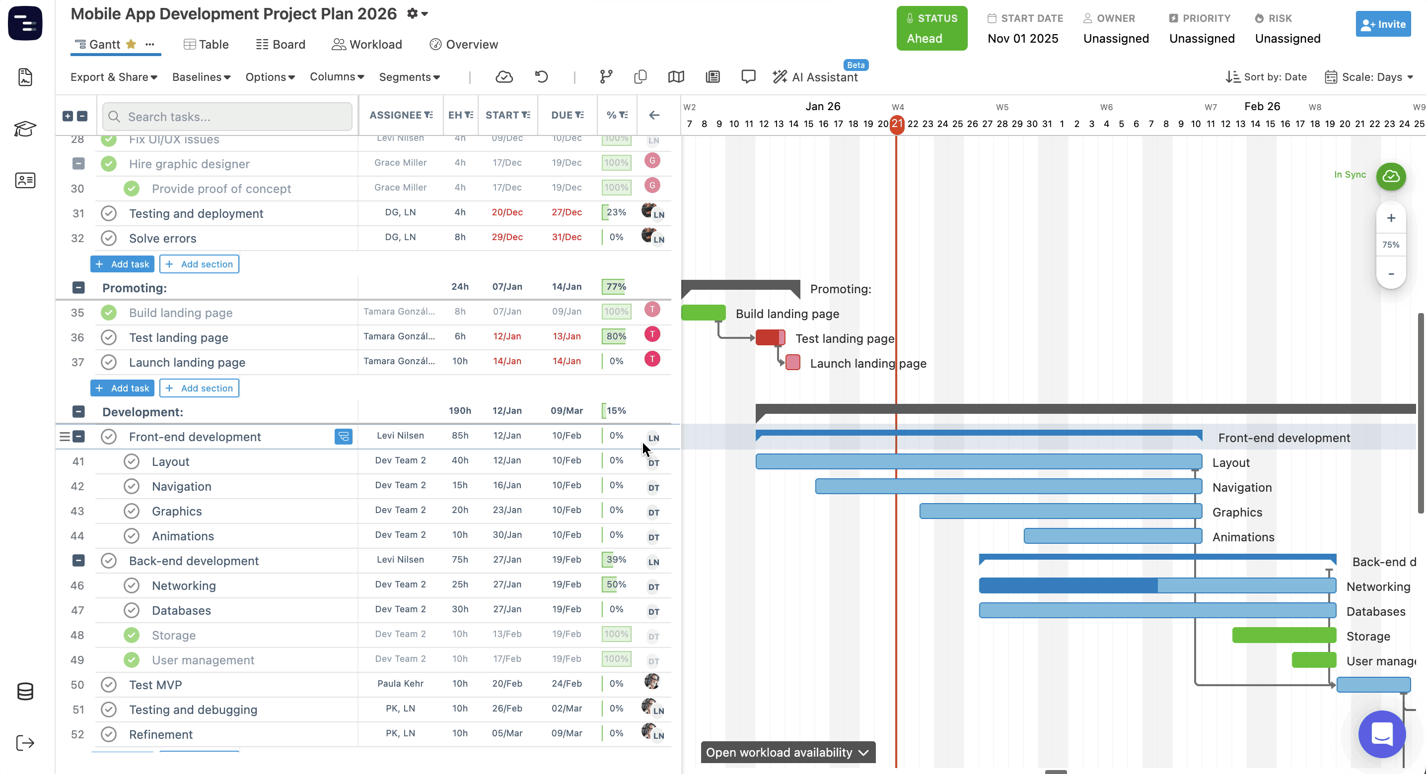 Instagantt Inbox on the left sidebar showing task comments and mentions