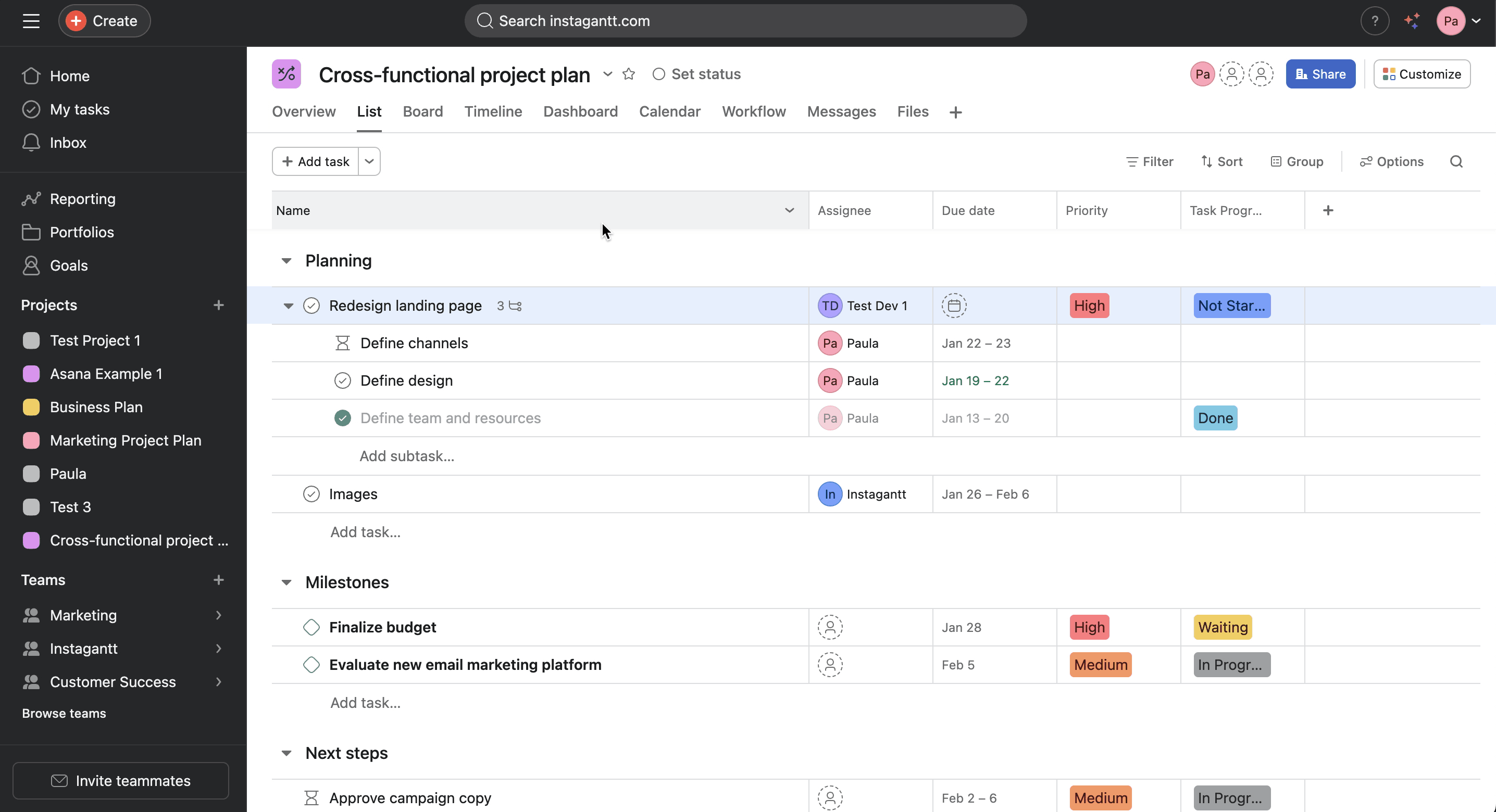 Comments syncing from Asana tasks to Instagantt Gantt chart view